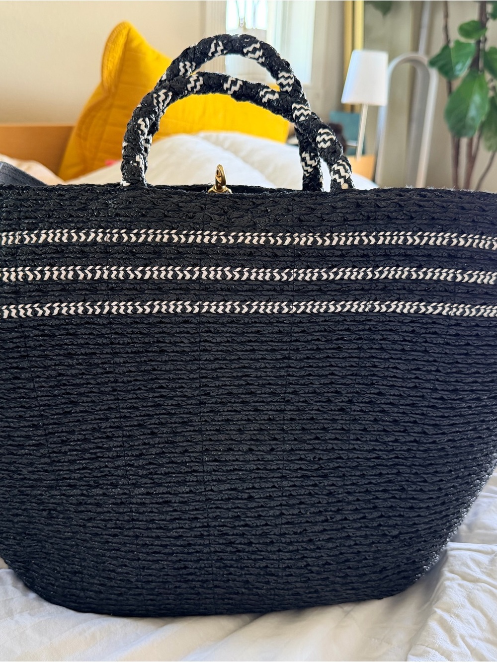 Eric Javits Black Gran Antoinette Straw Bag with Bow Detail - Picture 6 of 9